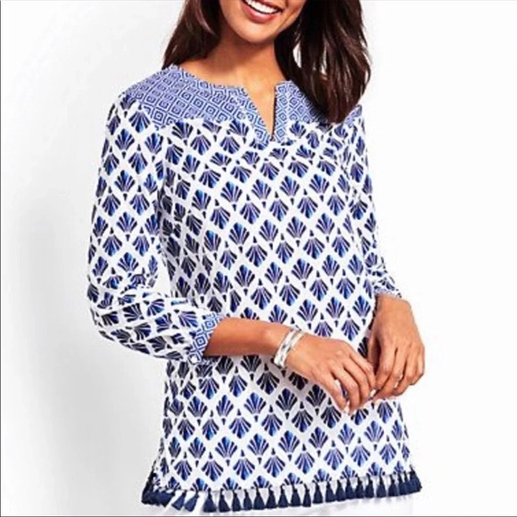 Talbots Fringe Popover Painted Fans Tunic with tassel trim size large NEW - Picture 1 of 8